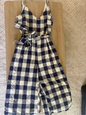 Anthropologie Navy and Cream Gingham Jumpsuit
